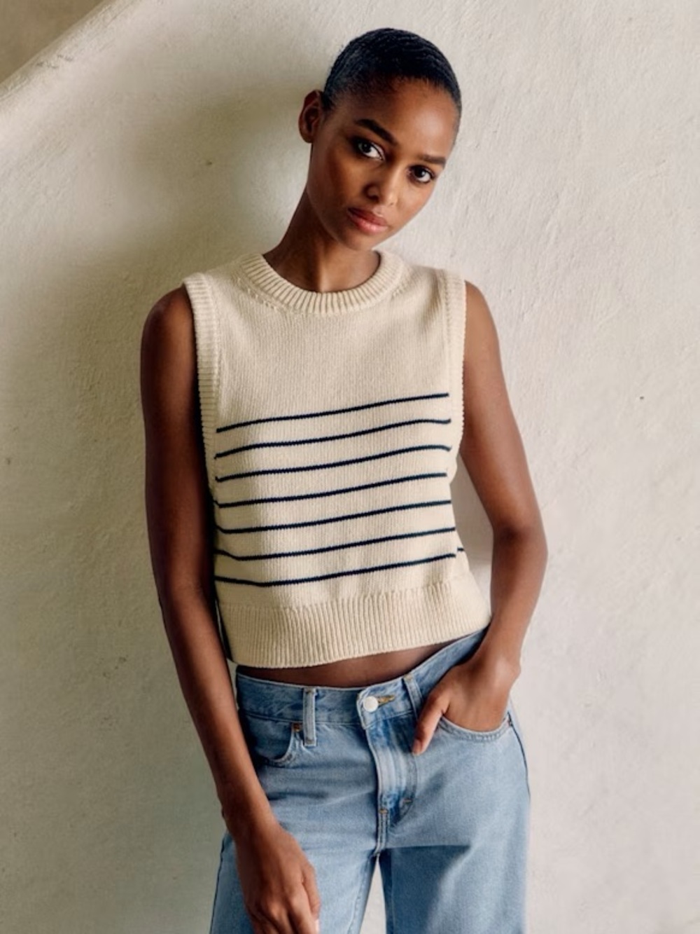 Sezane Cream Knit Sleeveless Stripe Sweater Vest